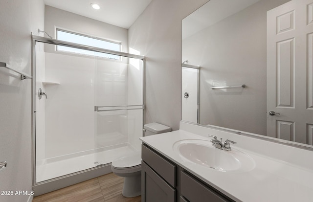 bathroom with vanity, a shower with door, and toilet