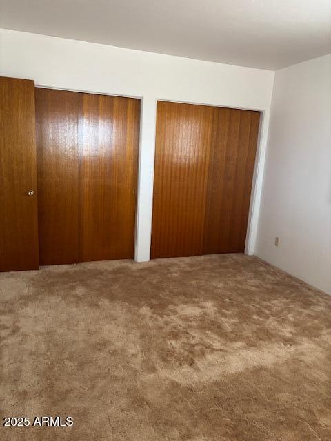 unfurnished bedroom with carpet and multiple closets