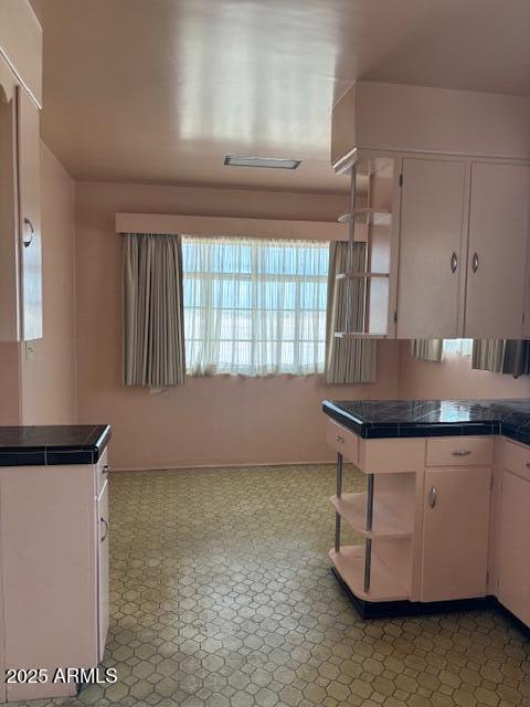 kitchen with white cabinetry and open shelves