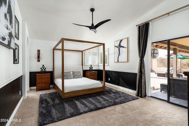 bedroom with access to outside, ceiling fan, light carpet, and vaulted ceiling