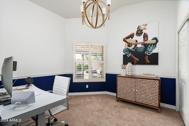 carpeted office space with vaulted ceiling and an inviting chandelier