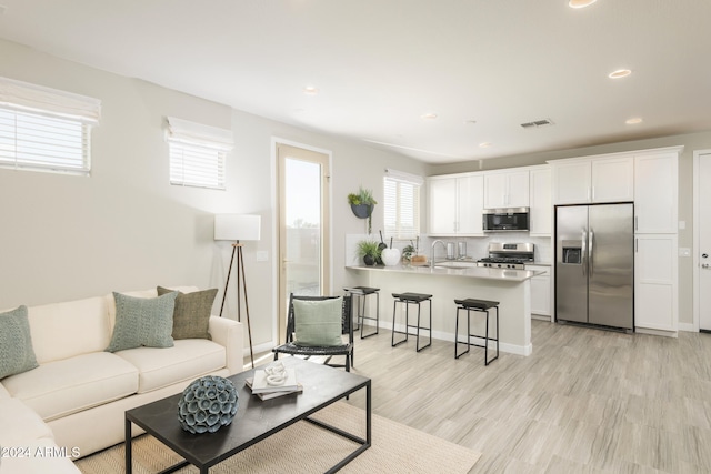 living room featuring sink and light hardwood / wood-style floors