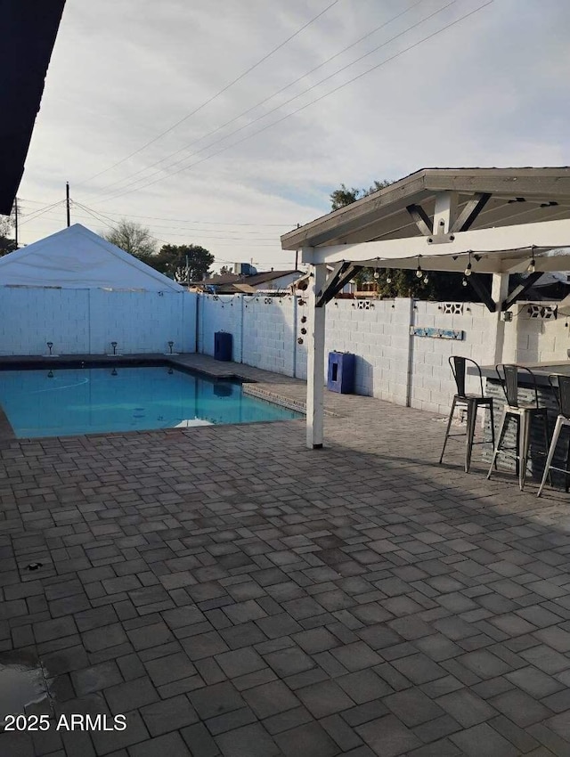 view of pool featuring a patio and an outdoor bar