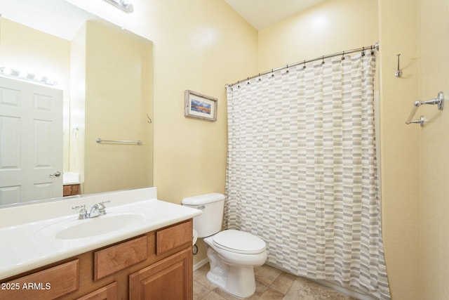 bathroom featuring a shower with curtain, toilet, tile patterned flooring, and vanity