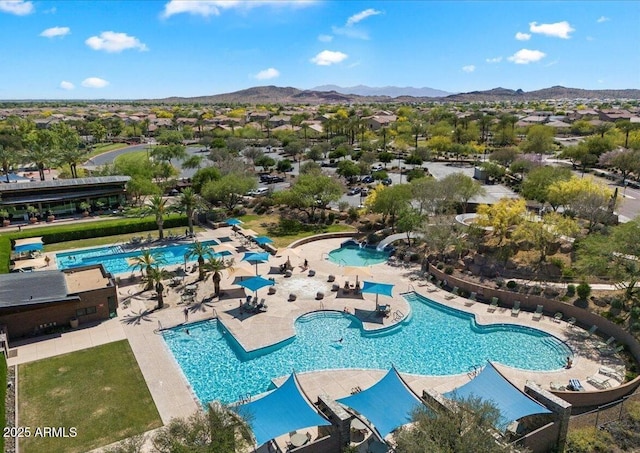 view of pool featuring a mountain view and a patio area