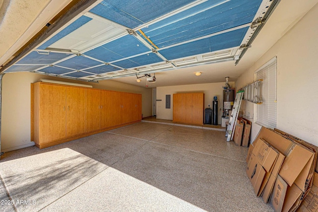 garage with electric panel, gas water heater, and a garage door opener