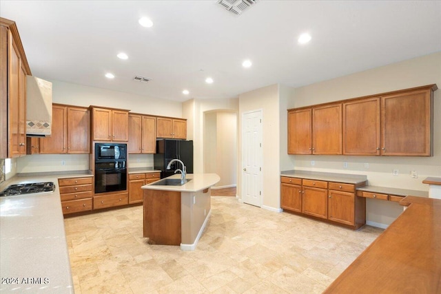 15120 E Vermillion Dr, Fountain Hills, AZ 85268 - kitchen featuring visible vents, brown cabinets, black appliances, and range hood