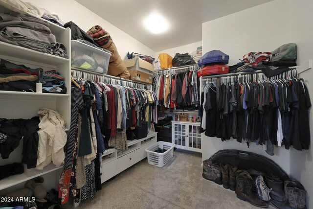 spacious closet with light colored carpet and vaulted ceiling