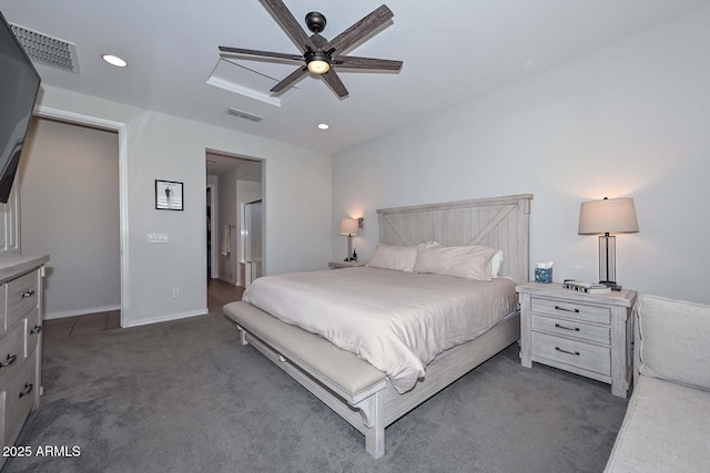 carpeted bedroom featuring ceiling fan