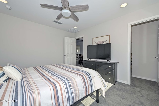 carpeted bedroom featuring ceiling fan