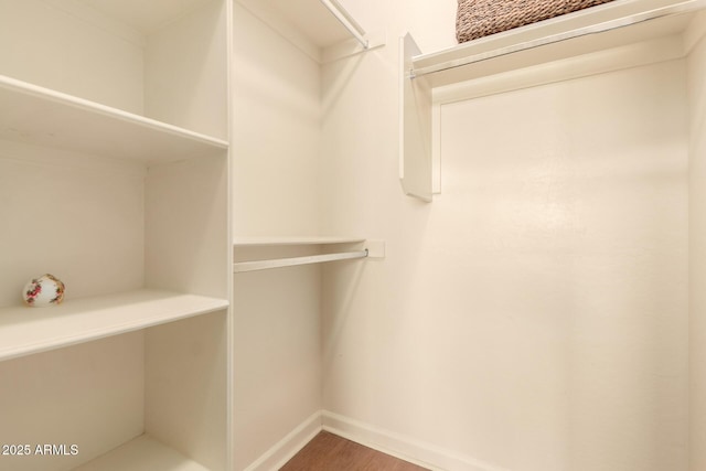 walk in closet with wood finished floors