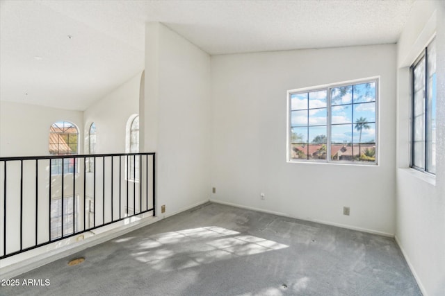 carpeted spare room with lofted ceiling and a textured ceiling