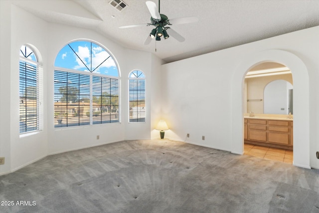 carpeted spare room with lofted ceiling, a textured ceiling, and ceiling fan