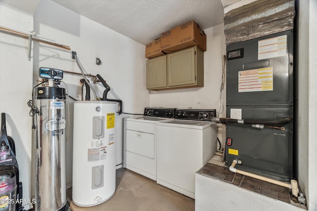 utility room with separate washer and dryer, electric water heater, and heating unit