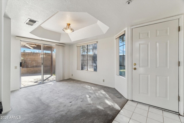 carpeted entrance foyer with a textured ceiling, a raised ceiling, and a healthy amount of sunlight