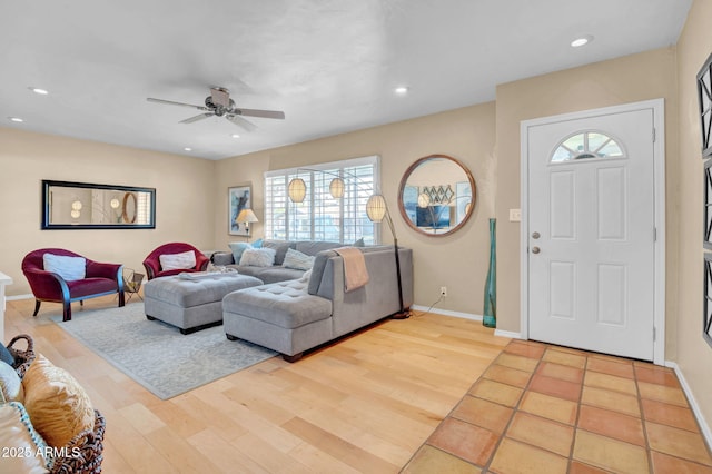 living area with recessed lighting, baseboards, a ceiling fan, and wood finished floors