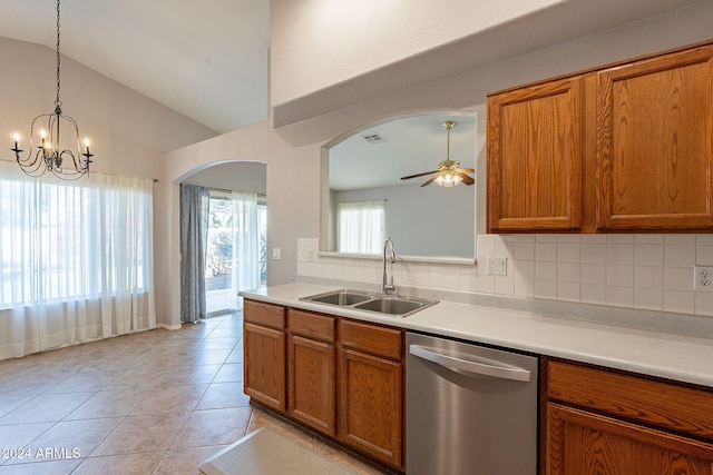 kitchen with dishwasher, sink, decorative backsplash, light tile patterned floors, and ceiling fan with notable chandelier