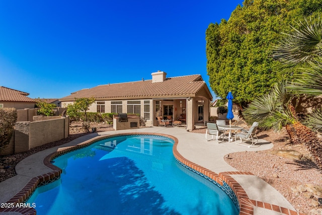 view of swimming pool featuring an outdoor kitchen and a patio area