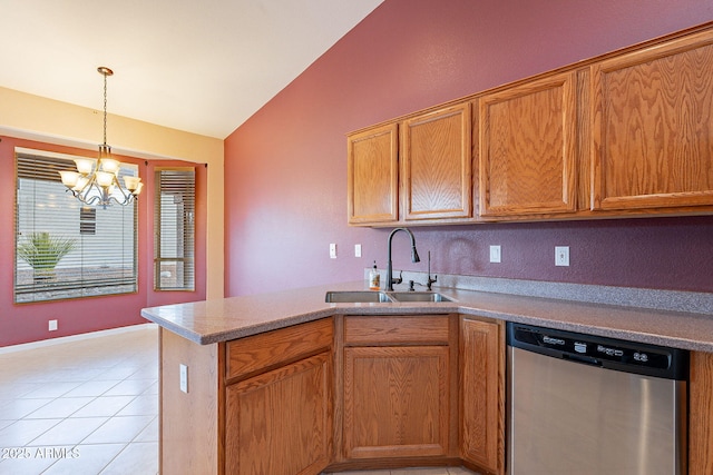 kitchen with sink, light tile patterned floors, dishwasher, vaulted ceiling, and kitchen peninsula