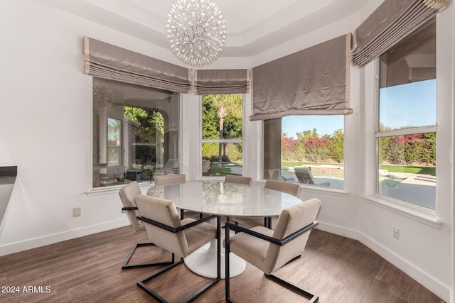 dining area with a tray ceiling, dark hardwood / wood-style flooring, and a chandelier