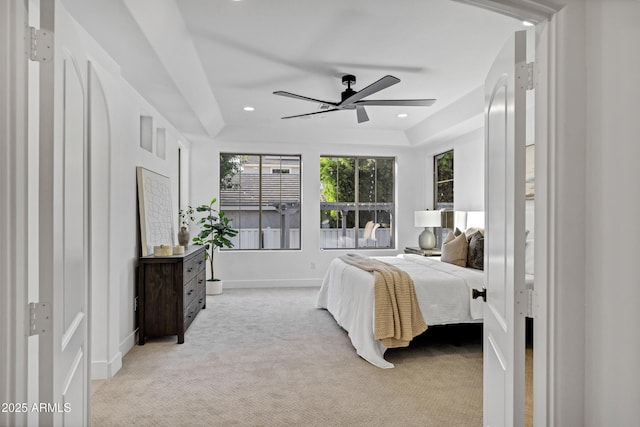 2774 E Valencia St, Gilbert, AZ 85296 - bedroom with light carpet, recessed lighting, baseboards, a raised ceiling, and a ceiling fan