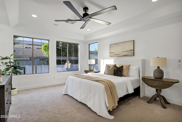 2774 E Valencia St, Gilbert, AZ 85296 - bedroom featuring a tray ceiling, light colored carpet, baseboards, and recessed lighting