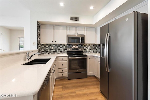 kitchen featuring appliances with stainless steel finishes, sink, backsplash, light hardwood / wood-style floors, and white cabinets