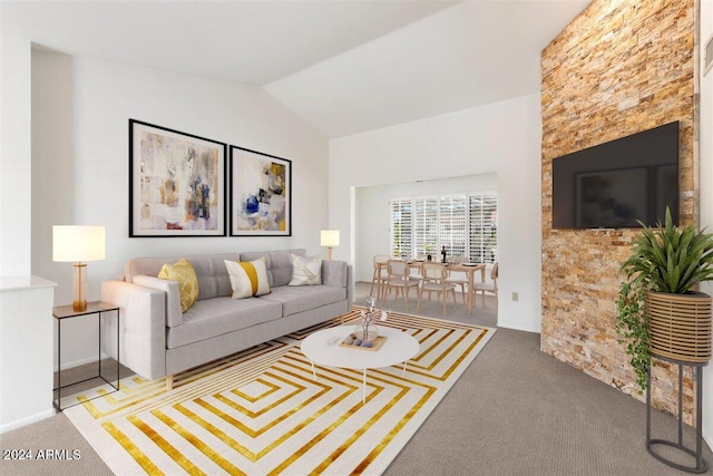 carpeted living room with lofted ceiling