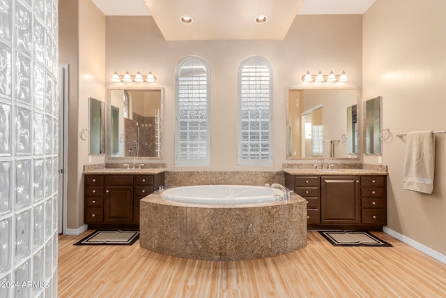 bathroom with tiled bath, hardwood / wood-style flooring, and double sink vanity