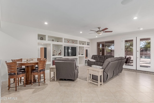 living room featuring recessed lighting, ceiling fan, and light tile patterned floors