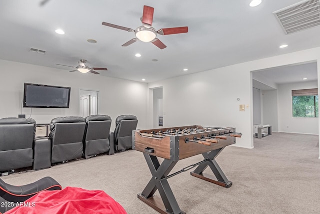 recreation room featuring visible vents, carpet flooring, ceiling fan, and recessed lighting