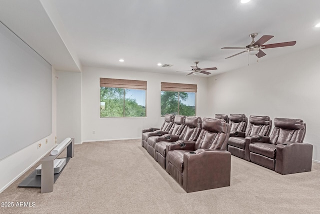 cinema with ceiling fan, visible vents, carpet floors, baseboards, and recessed lighting