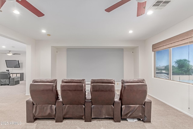 carpeted cinema with ceiling fan, recessed lighting, and visible vents