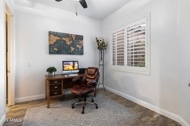 office space with ceiling fan and hardwood / wood-style floors