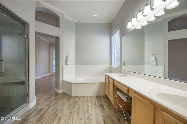 14430 N Agave Dr, Fountain Hills, AZ 85268 - bathroom featuring hardwood / wood-style floors, vanity, crown molding, and plus walk in shower