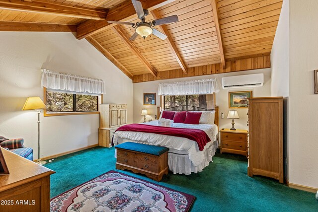 bedroom with vaulted ceiling with beams, a wall mounted air conditioner, multiple windows, and carpet