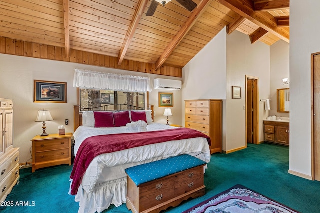 carpeted bedroom featuring a wall mounted AC, wooden ceiling, baseboards, and beamed ceiling