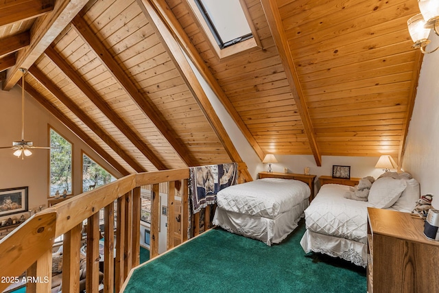 unfurnished bedroom with carpet floors, lofted ceiling with skylight, and wood ceiling