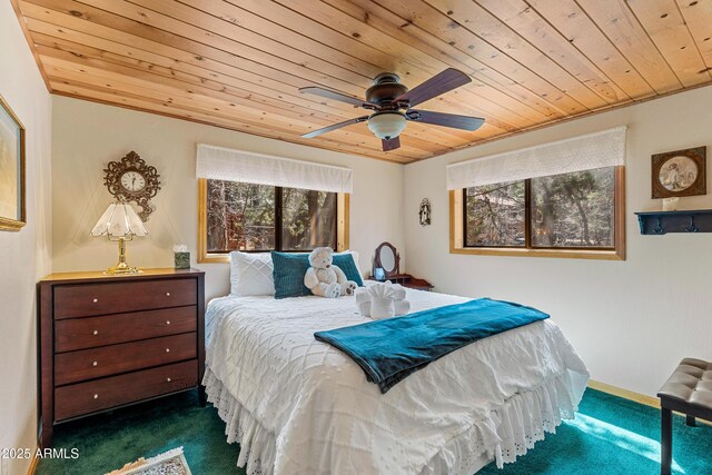 carpeted bedroom featuring wooden ceiling and a ceiling fan