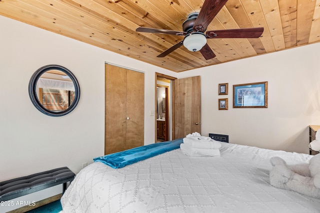 bedroom with wooden ceiling and a ceiling fan
