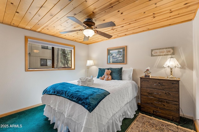 carpeted bedroom featuring baseboards, wooden ceiling, and ceiling fan