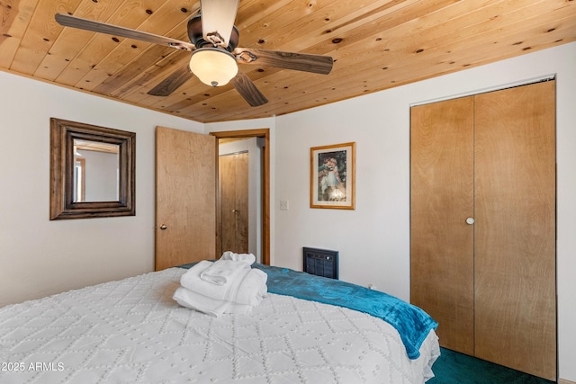 bedroom featuring ceiling fan and wood ceiling
