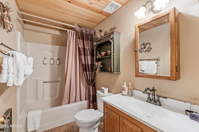 full bathroom featuring vanity, shower / bath combo, toilet, visible vents, and wood ceiling
