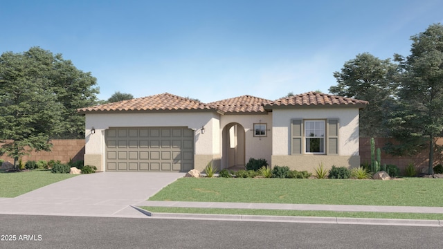 mediterranean / spanish-style house featuring a garage and a front yard