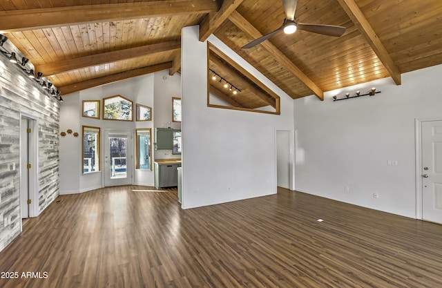 unfurnished living room featuring beamed ceiling, wooden ceiling, wood finished floors, high vaulted ceiling, and a ceiling fan