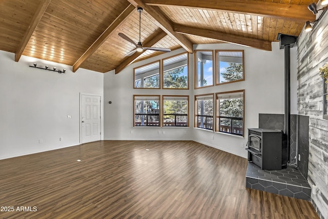 unfurnished living room with high vaulted ceiling, beamed ceiling, dark wood-type flooring, and a wood stove