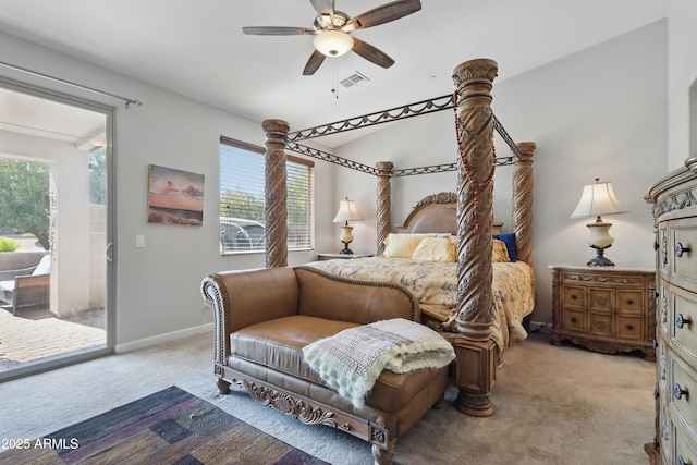 19023 E Buckskin Ct, Rio Verde, AZ 85263 - bedroom with carpet flooring, visible vents, baseboards, access to outside, and a ceiling fan
