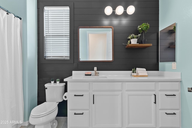 1492 W Bruce Ave, Gilbert, AZ 85233 - bathroom with vanity, wood walls, and a shower with curtain