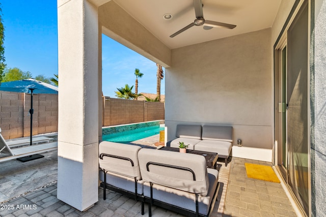 1492 W Bruce Ave, Gilbert, AZ 85233 - fenced backyard featuring a patio area, ceiling fan, and outdoor lounge area