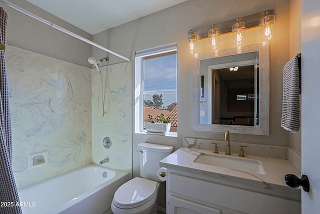 full bathroom featuring toilet, shower / bath combination, and vanity